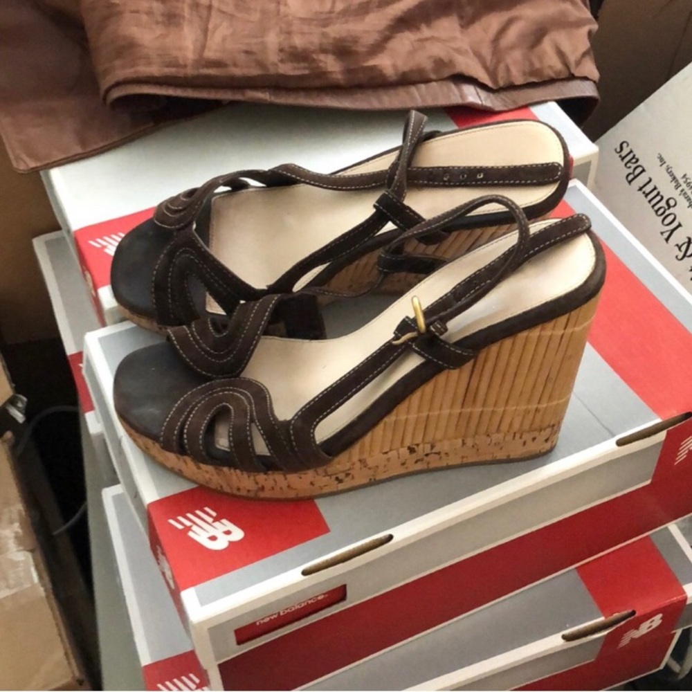 - - Prada brown suede cork bamboo platform wedge sandals - vintage